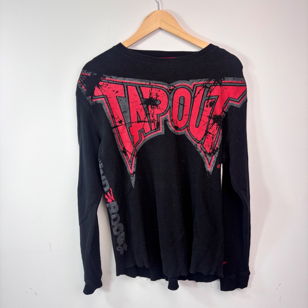 Tapout Black Thermal Waffle Knit Long Sleeve Shirt XL MMA UFC Y2K Graphic